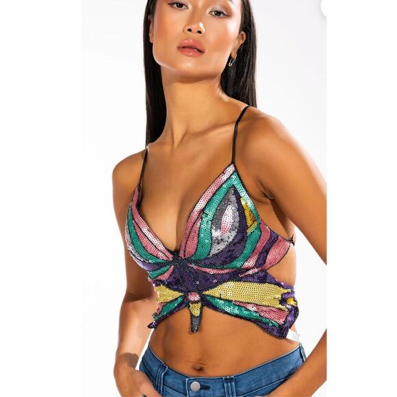 BUTTERFLY SEQUIN TOP Multi Colored One Size - Picture 2 of 7